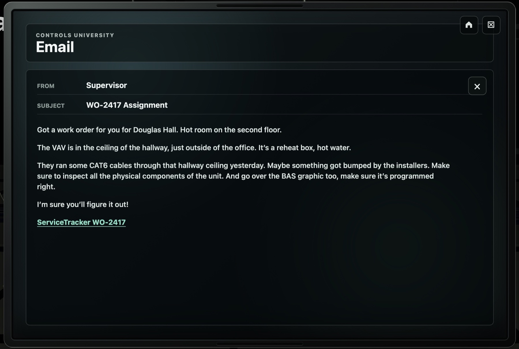 In-game assignment email for work order WO-2417 from a supervisor