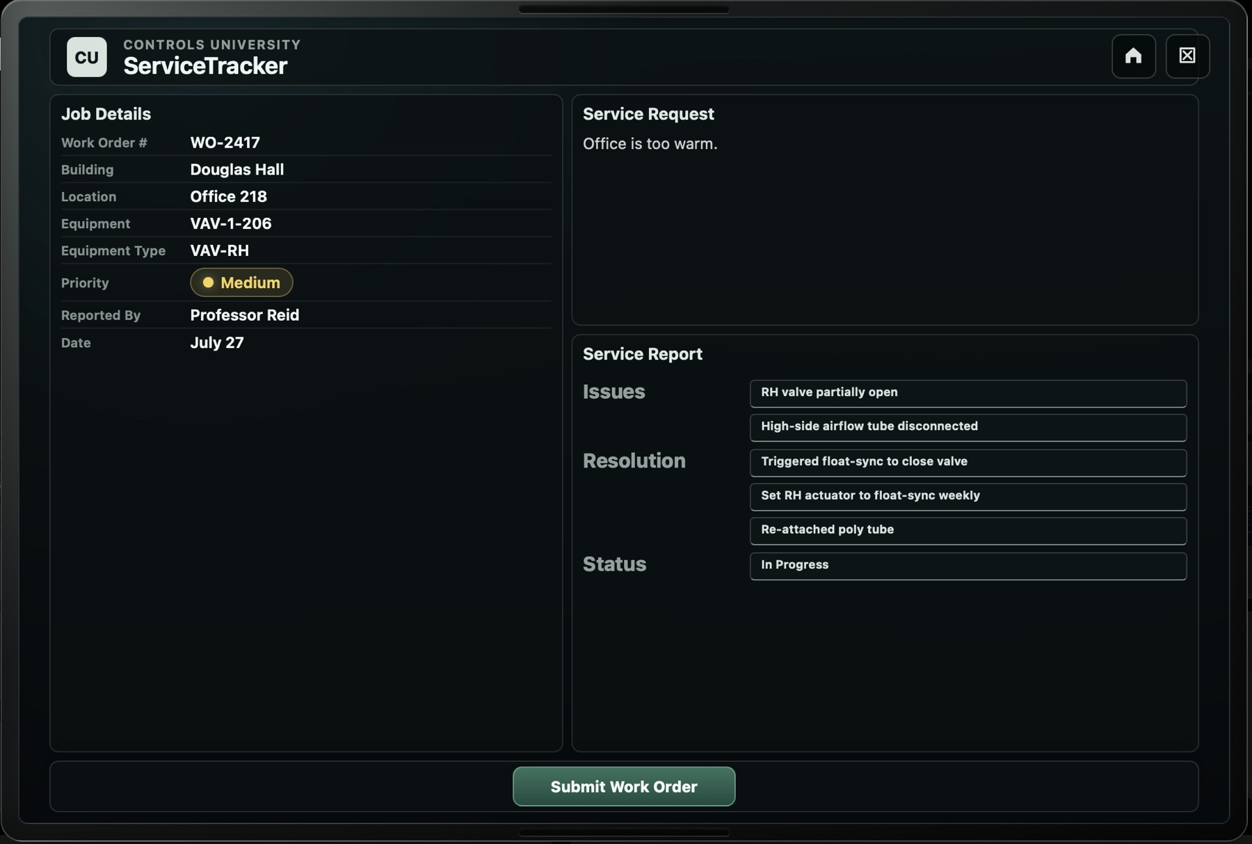 Controls University ServiceTracker work order and troubleshooting report