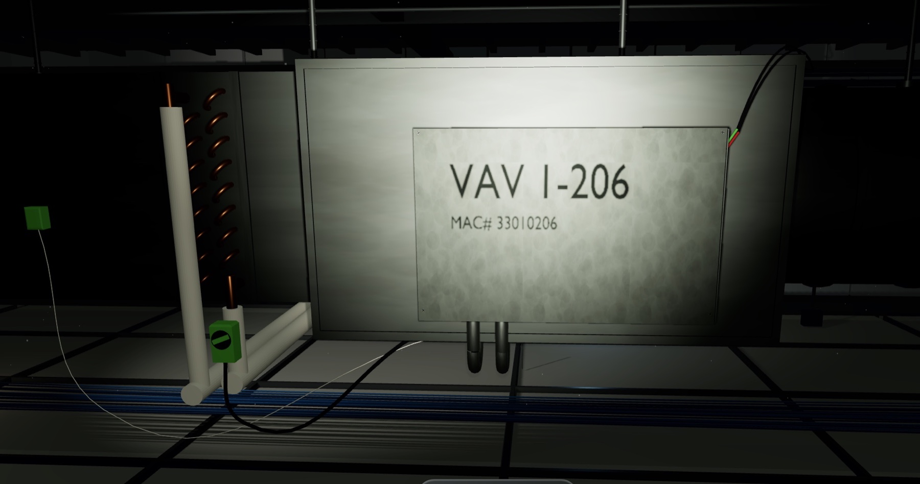 Interactive VAV equipment environment with controller, ductwork, and sensors